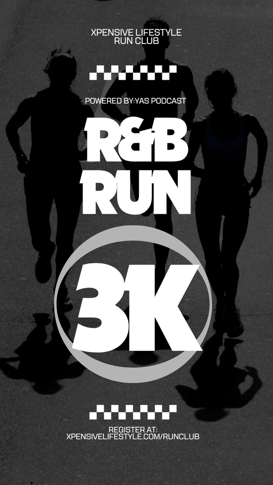 Advertisement for R&B Run 3K event with silhouettes of runners on a dark background