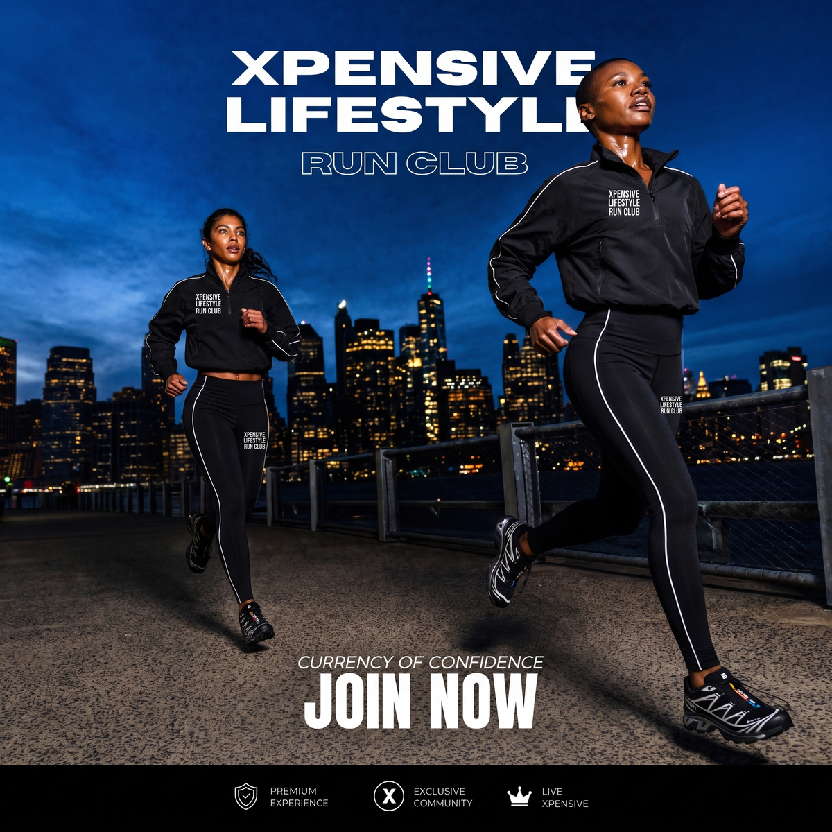 Two women running on an outdoor path at dusk wearing matching black tracksuits with white piping and logos. Large text reads 'XPENSIVE LIFESTYLE RUN CLUB' and 'JOIN NOW' over a city skyline at night.